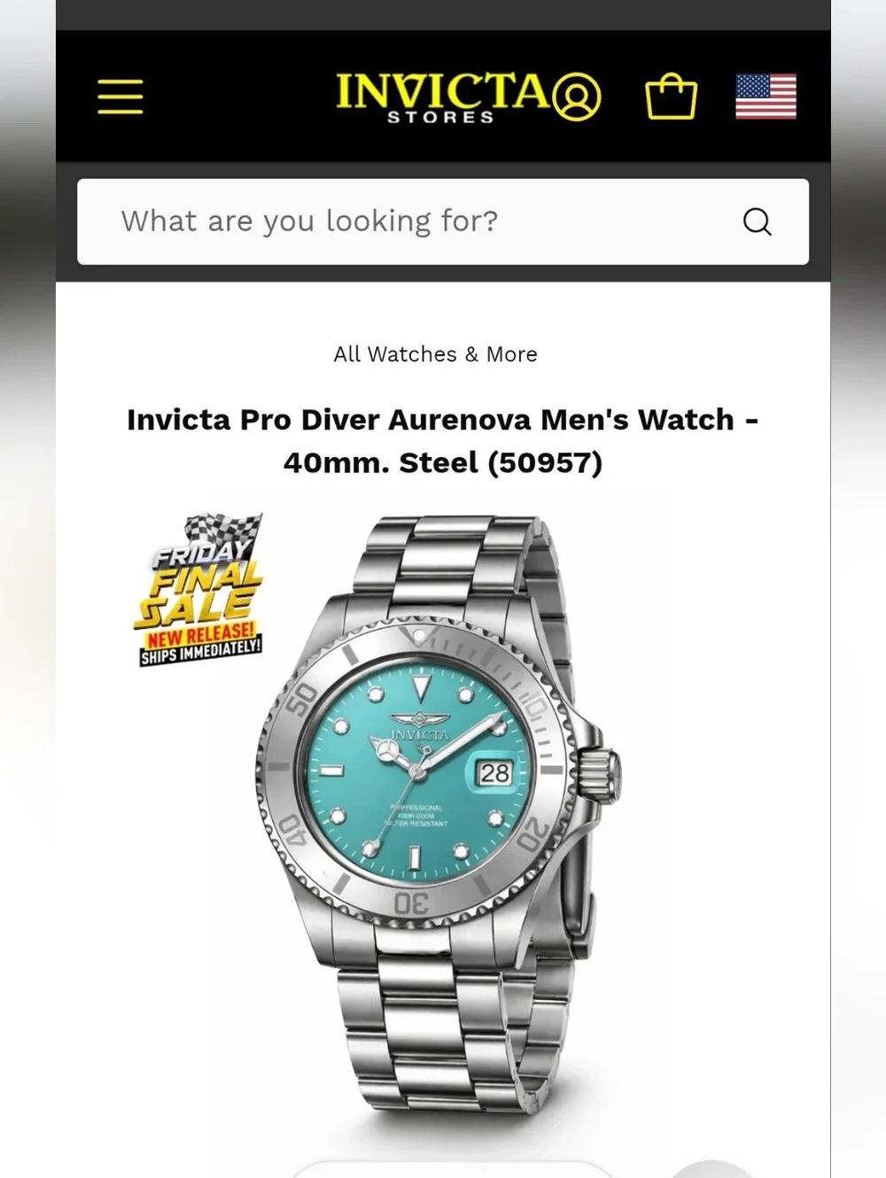 366.  Invicta Pro Diver Aurenova Men's Watch - 40mm. Steel (50957)